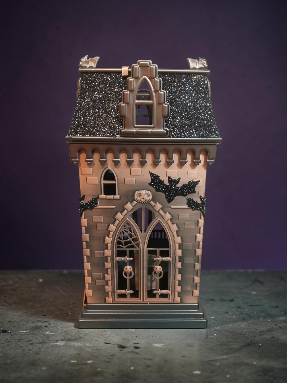 Gothic Haunted House Decorative Candle Holder - Gray with Black Glitter Roof